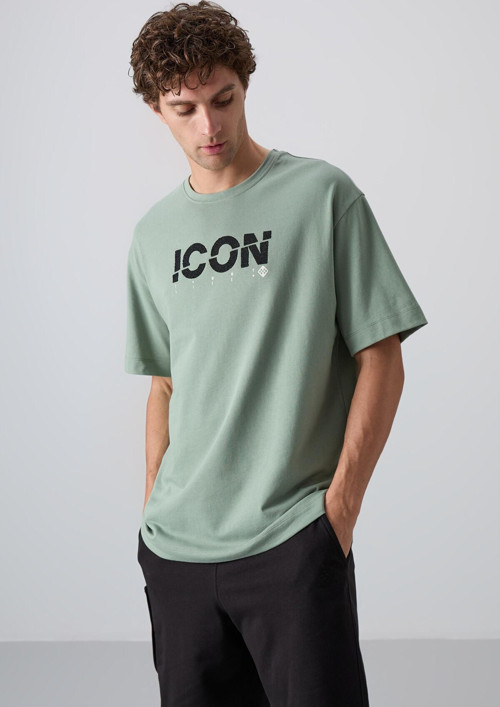 Açık Yeşil Pamuklu Kalın Yumuşak Dokulu Oversize Fit Baskılı Erkek T-Shirt - 88331