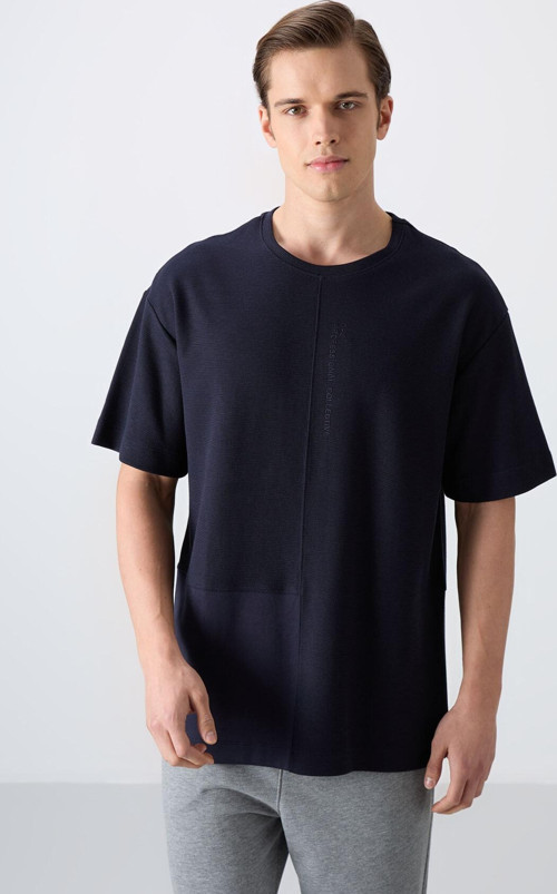 Lacivert Pamuklu Kalın Yüzeyi Dokulu Oversize Fit Basic Erkek T-Shirt - 88337