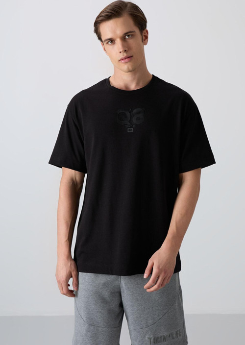 Siyah Pamuklu Kalın Yumuşak Dokulu Oversize Fit Baskılı Erkek T-Shirt - 88333