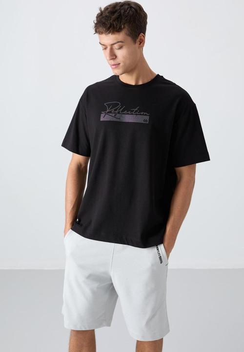 Siyah Pamuklu Kalın Yumuşak Dokulu Oversize Fit Baskılı Erkek T-Shirt - 88334