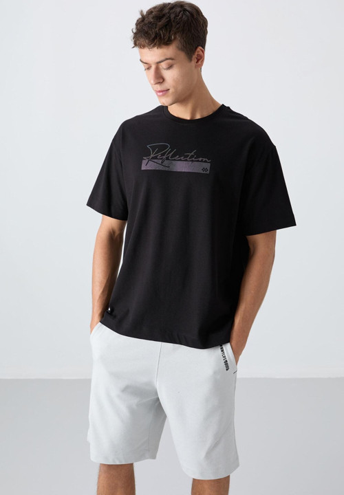 Siyah Pamuklu Kalın Yumuşak Dokulu Oversize Fit Baskılı Erkek T-Shirt - 88334