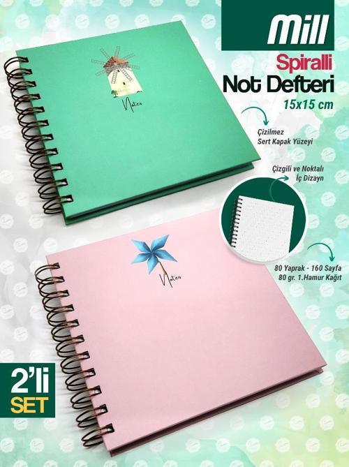 15x15 Cm Kare 2'li Set Spiralli Çizgili-Noktalı Tarihsiz Ajanda Not Defteri Mill-T1132