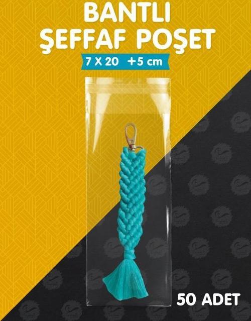 Bantlı Şeffaf Poşet (7x20+5 cm)   50 Adet Parlak Jelatin Paket Hediye Poşeti -T1204