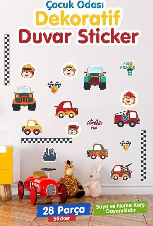 Çocuk Odası Duvar Sticker Seti Doğada Araba İtfaiye Taksi Yarış  Temalı-T1179