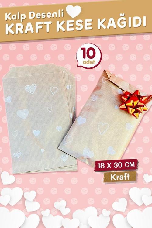 Kalp Desenli Kese Kağıdı, Kraft 18x30cm - 10 Adet-T1207