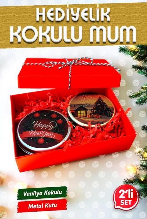 Yılbaşı Hediyelik Metal Kutu Kokulu Mum 2'li Set No:3 christmas gift candle-T1106