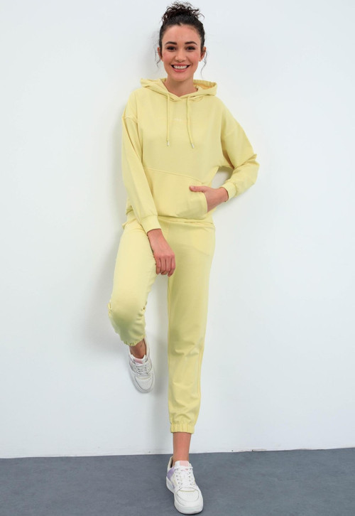 Limon Kapüşonlu Kanguru Cep Oversize Lastik Paça Kadın Eşofman Takımı - 95288