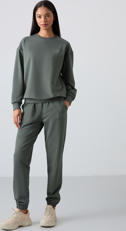 Çağla Basic Pamuklu O Yaka Oversize Lastik Paça Kadın Eşofman Takım - 95287