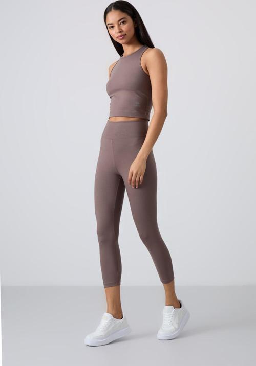 Kahverengi Yüksek Bel Kapri-Crop Atlet Slim Fit Kadın Tayt Takım - 95284