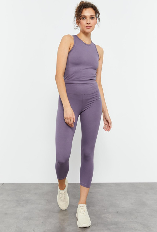 Eflatun Yüksek Bel Kapri-Crop Atlet Slim Fit Kadın Tayt Takım - 95284