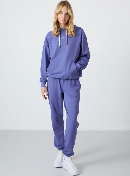 Eflatun Kapüşonlu Kanguru Cep Oversize Lastik Paça Kadın Eşofman Takımı - 95288