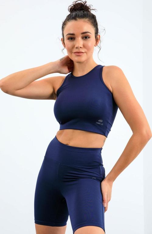 İndigo Yüksek Bel Toparlayıcı Dar Kalıp Crop Biker Kadın Tayt Takım - 95302