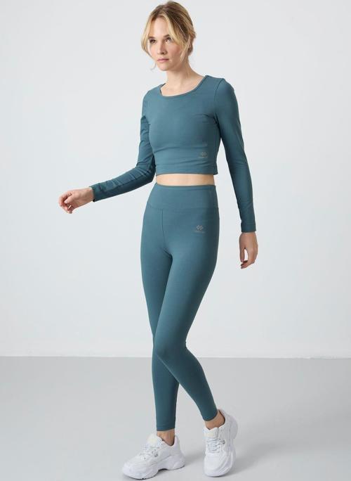 Orman Yeşili Yüksek Bel Uzun Kollu Slim Fit Crop Top Kadın Tayt Takım - 95286