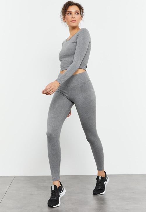 Gri Melanj Yüksek Bel Uzun Kollu Slim Fit Crop Top Kadın Tayt Takım - 95286