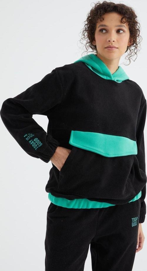 Siyah Büzgülü Kapüşonlu Oversize Kalıp Kadın Eşofman Takım - 95319