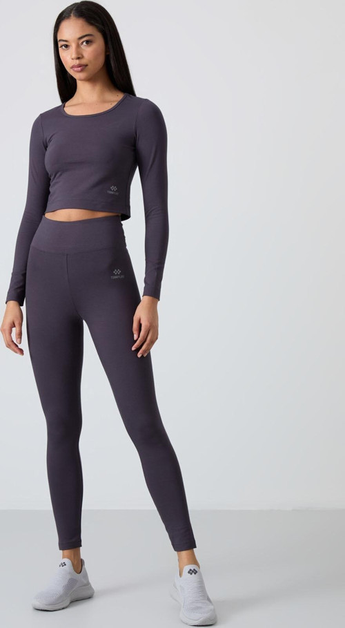 Antrasit Yüksek Bel Uzun Kollu Slim Fit Crop Top Kadın Tayt Takım - 95286