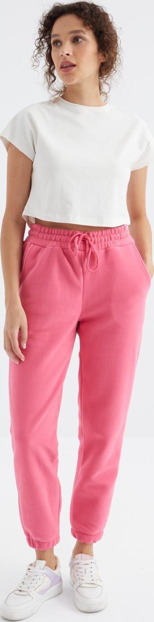 Şeker Pembe Yüksek Bel Basic Bağcıklı Jogger Polar Kadın Eşofman Alt - 94622