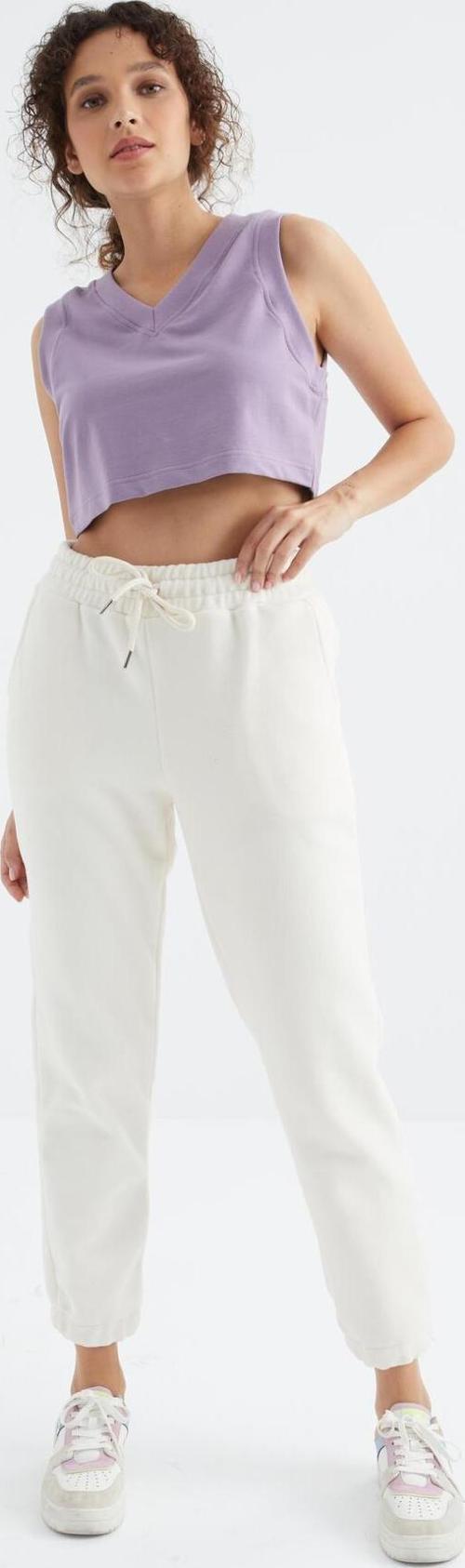 Ekru Yüksek Bel Basic Bağcıklı Jogger Polar Kadın Eşofman Alt - 94622