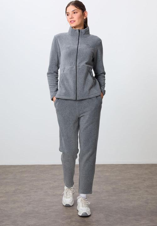 Gri Melanj Kalın Yumuşak Dokulu Dik Yaka Oversize Nakışlı Polar Kadın Eşofman Takım -95339