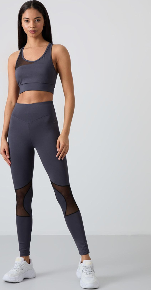 Antrasit Polyester Esnek Standart Fit Performans Kadın Tayt Takım - 95331