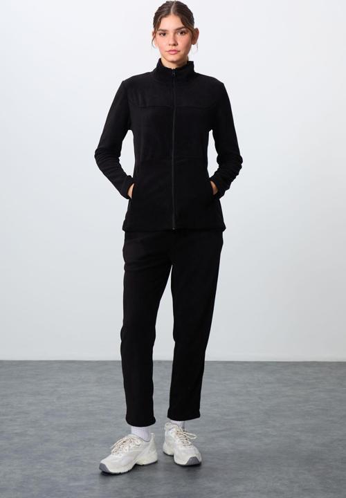 Siyah Kalın Yumuşak Dokulu Dik Yaka Oversize Nakışlı Polar Kadın Eşofman Takım -95339