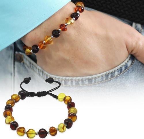 Makrome Örgülü Dorika Detaylı Multicolor Natural Form Doğal Damla Kehribar Erkek Bileklik
