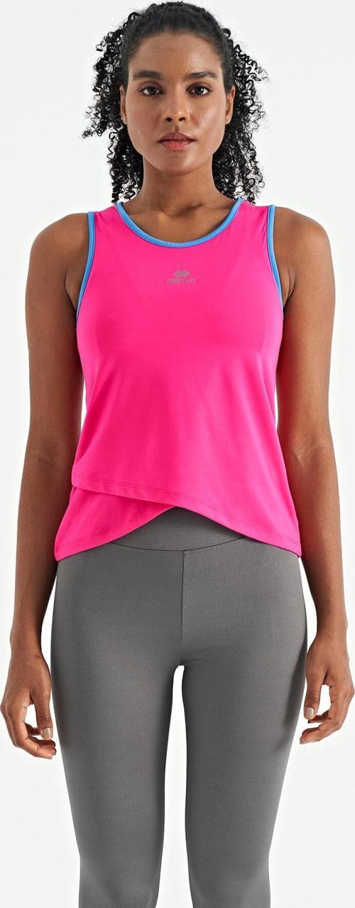 Fuşya Logo Baskılı Biye Şeritli Standart Kalıp Kadın Spor Atlet - 97255