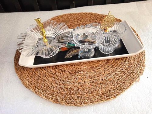 Tepsili Akrilik Sunum Seti Siyah Yaprak Desenli