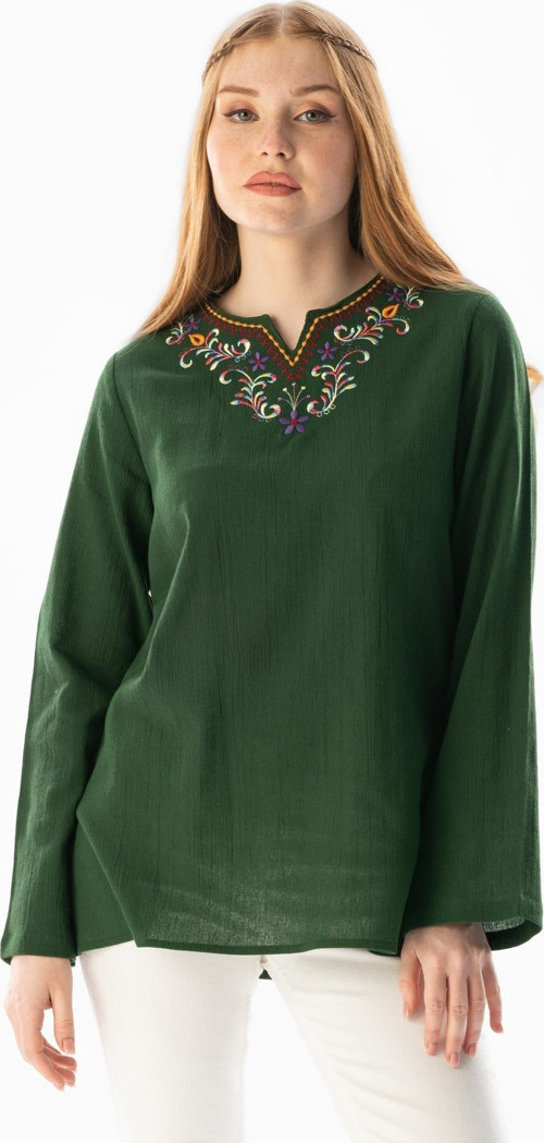 Uzun Kol Şile Bezi Gökkuşağı Nakış Detaylı Yazlık Bluz Yeşil Ysl