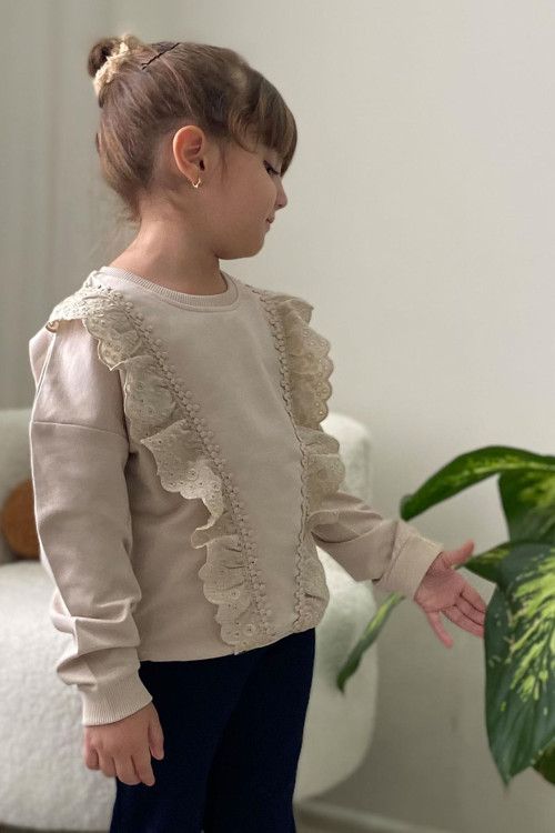 Kız Çocuk Sweatshirt Güpürlü 1.5-5 Yaş, Bej