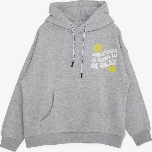 Kız Çocuk Sweatshirt Kapüşonlu Yazı Baskılı 8-14 Yaş, Gri Melanj