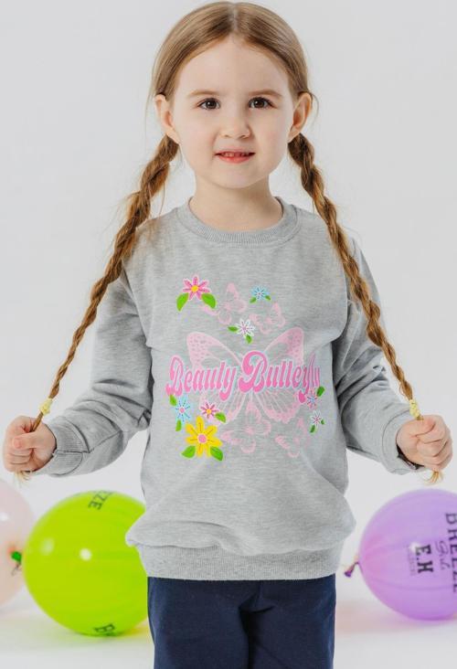 Kız Çocuk Sweatshirt Kelebek Baskılı 3-8 Yaş, Açık Gri Melanj