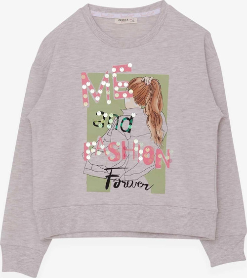 Kız Çocuk Sweatshirt Pullu Kız Baskılı 8-14 Yaş, Bej Melanj