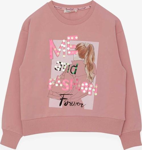 Kız Çocuk Sweatshirt Pullu Kız Baskılı 8-14 Yaş, Somon