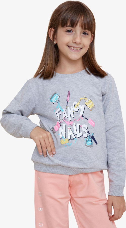 Kız Çocuk Sweatshirt Renkli Oje Baskılı 6-12 Yaş, Gri Melanj
