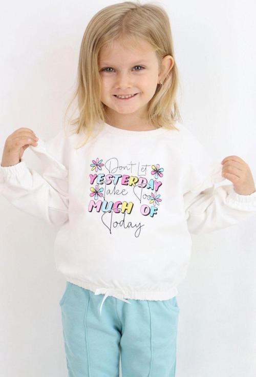 Kız Çocuk Sweatshirt Renkli Yazı Baskılı Beli Lastikli 3-7 Yaş, Ekru