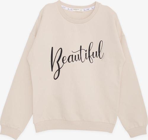 Kız Çocuk Sweatshirt Taşlı Yazı Baskılı 9-14 Yaş, Bej