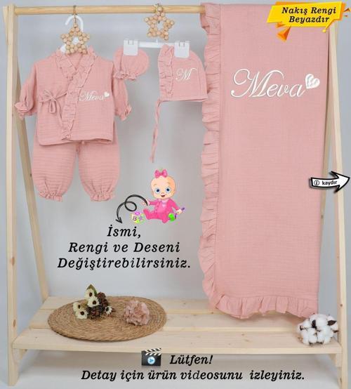 4 Katlı Müslin 5'li Kimono Bağcıklı Tulum %100Pamuk Hastane Çıkışı(Kişiye Özgü İsimli Nakış Desenli)
