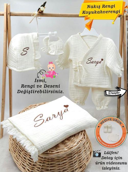 4 Katlı Müslin 5'li Kimono Bağcıklı Tulum %100Pamuk Hastane Çıkışı(Kişiye Özgü İsimli Nakış Desenli)