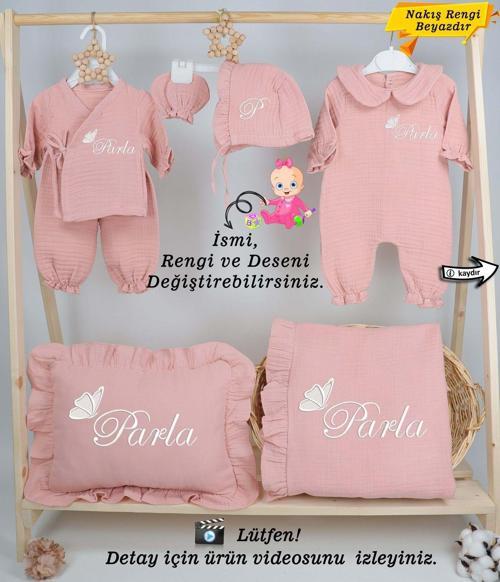 Yeni Doğan %100 Doğal 4Katlı Müslin Hastane Çıkış Mevlüt Seti (Kişiye Özgü İsimli Nakış Desenli)