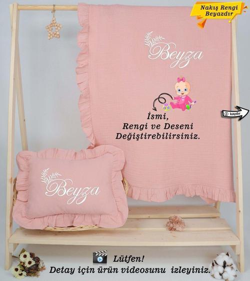 %100 Pamuk 4 Katlı Müslin Fırfırlı Battaniye Takı Yastığı Kılıfı (Kişiye Özgü İsimli Nakış Desenli)