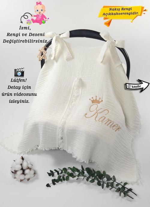 %100Pamuk Nefes Alabilen 4Katlı Müslin Kumaş Püsküllü Puset Örtüsü(KİŞİYE ÖZGÜ ISİMLİ NAKIŞ DESENLİ)