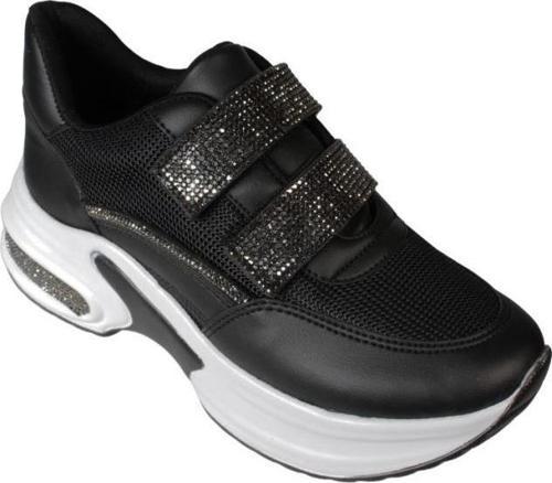 YAZKIŞ Kadın Siyah Beyaz Fileli Çırtlı Çırtı Ve Tabanı Taşlı 5cm kalın Taban Sneaker Fashıon Spor Ay