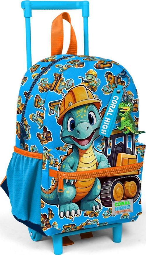 Minik Yuva Çekçekli Sırt Çantası Mavi Turuncu Dinozor Desenli İki Bölmeli 23571