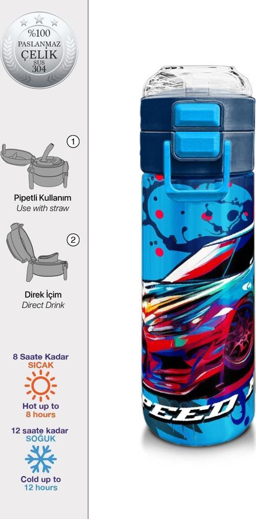 Kids Gri Mavi Yarış Arabası Desenli Pipetli ve Direkt İçim Çelik Termos 500 ml 31815