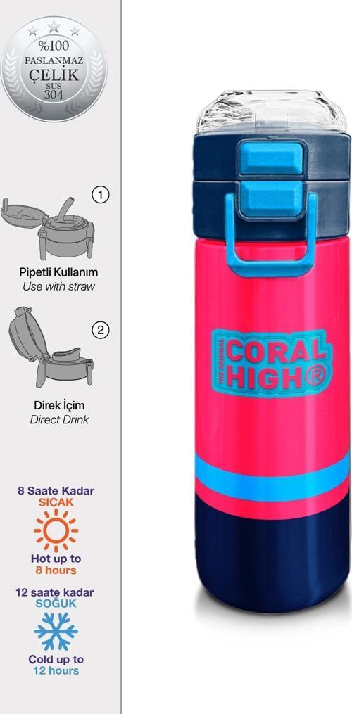 Kids Neon Mercan Lacivert Pipetli ve Direkt İçim Çelik Termos 500 ml 31823