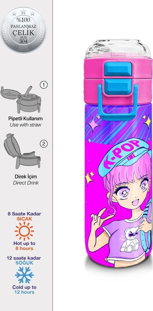 Kids Mor Pembe Mavi K-PopDesenli Pipetli ve Direkt İçim Çelik Termos 500 ml 31831