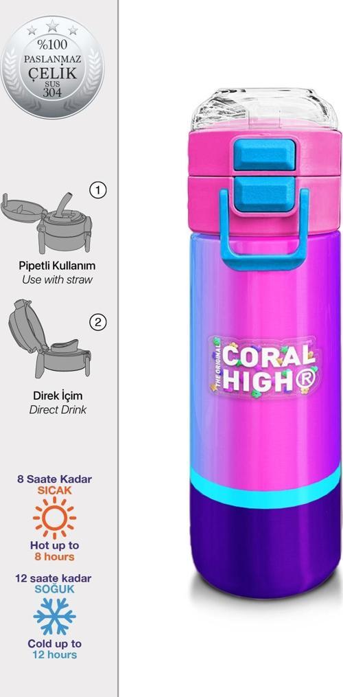 Kids Renkli Çizgili Pipetli ve Direkt İçim Çelik Termos 500 ml 31836