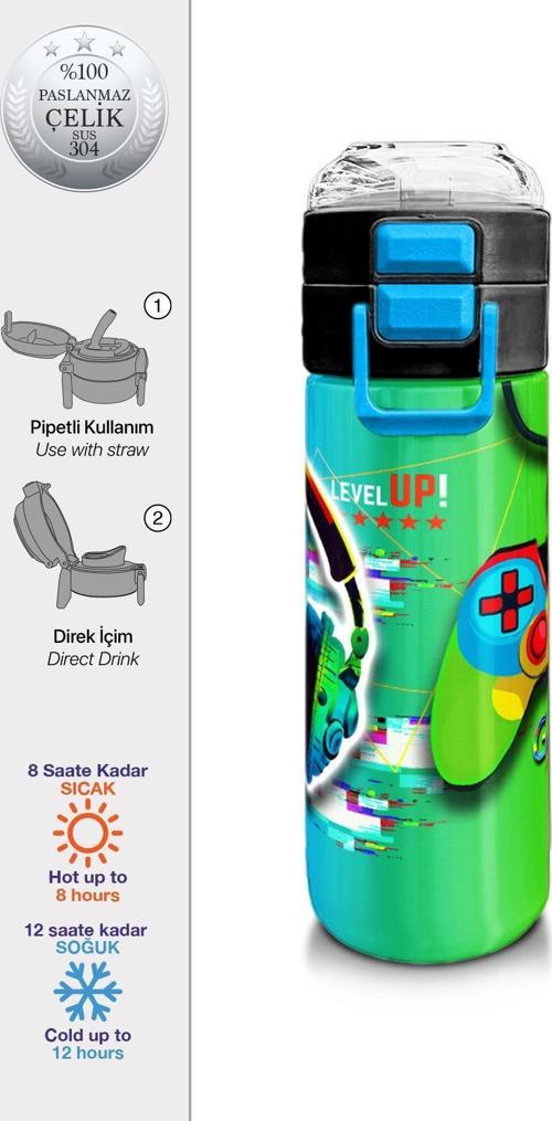 Kids Kulaklık Game Desenli Pipetli ve Direkt İçim Çelik Termos 500 ml 31841