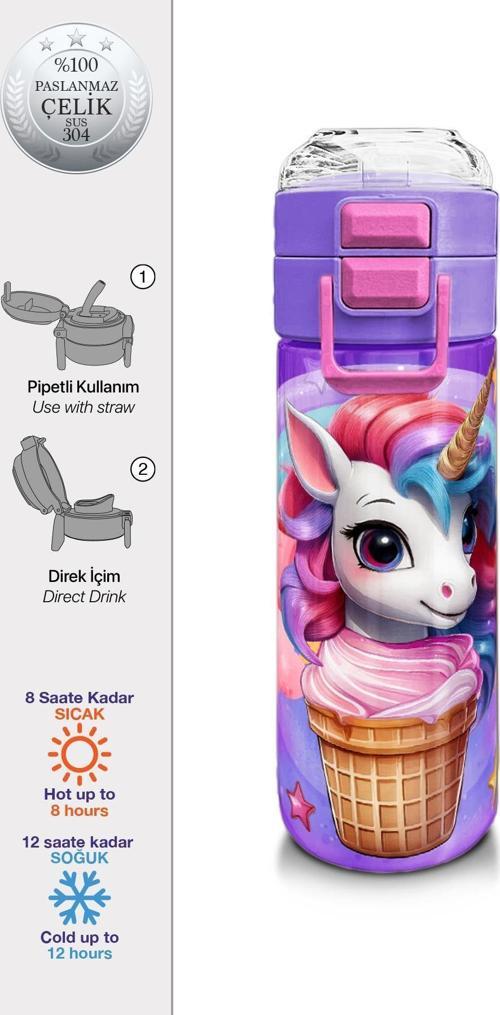Kids Mor Pembe Unicorn Dondurma Desenli Pipetli ve Direkt İçim Çelik Termos 500 ml 31859
